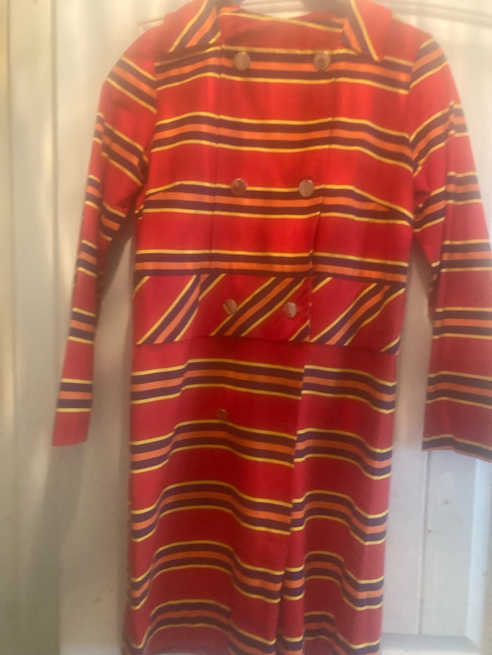 Red Striped Double-Breasted Long Sleeve Dress with Yellow & Navy Accents